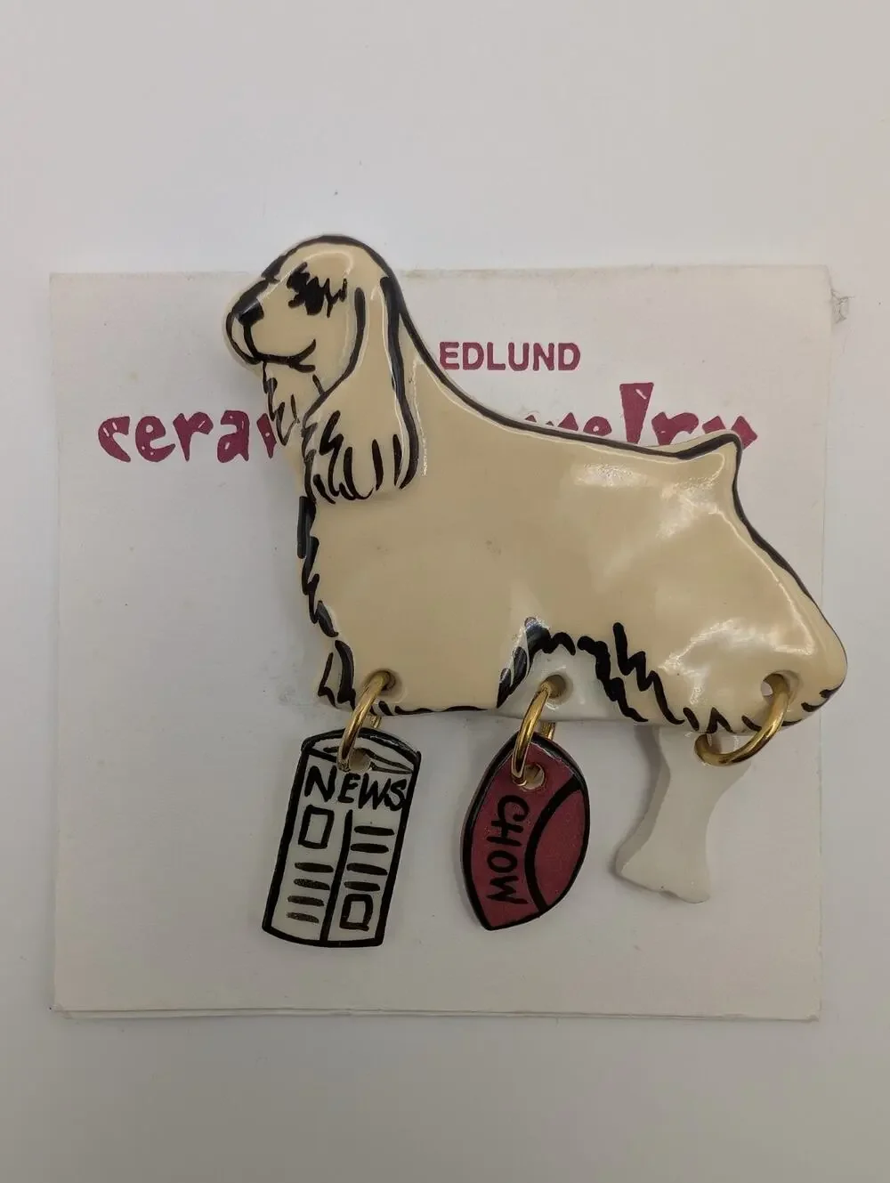 Signed Carolyn Edlund Handcrafted Ceramic Cocker Spaniel Dog Brooch with Dangles